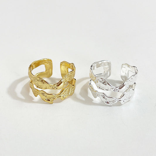 Anillo de plata de ley S925 de doble capa con textura irregular para mujer, con diseño inspirado en cadena y textura natural