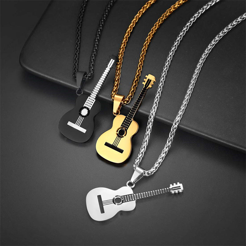 Natural Style Geometric Guitar Pendant Necklace for Unisex in Stainless Steel with Polished Titanium Steel Charm