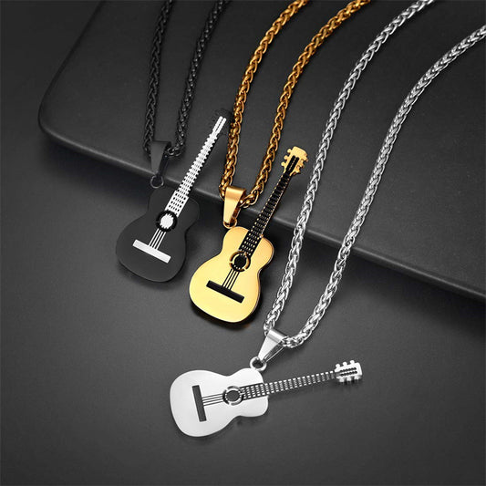 Collana con ciondolo a forma di chitarra geometrica in stile naturale per unisex in acciaio inossidabile con ciondolo in acciaio al titanio lucidato