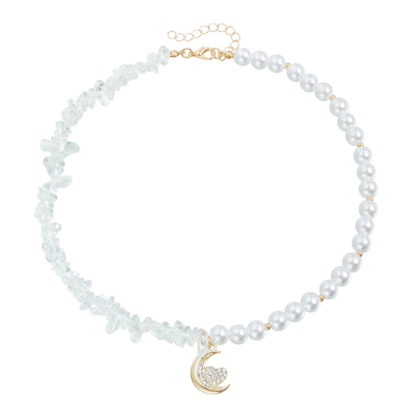 Elegant Moon and Heart Shaped Alloy Necklace with Clear Rhinestones and Pearl Accents for Women