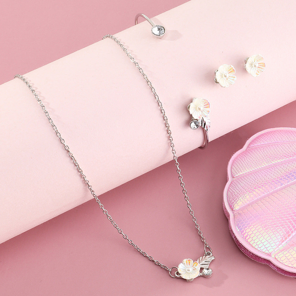 Set collana con ciondolo floreale in lega tonalità fredda con bracciale e orecchini coordinati per bambini, finitura placcata, stile catena a clavicola