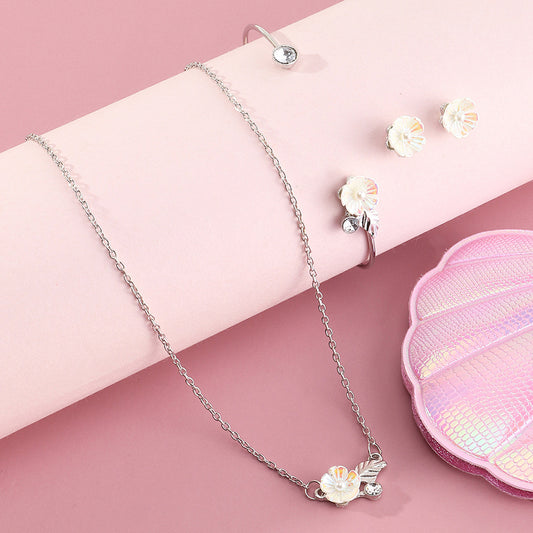 Cold-Tone Alloy Flower Pendant Necklace Set with Matching Bracelet and Earrings for Kids, Plated Finish, Clavicle Chain Style