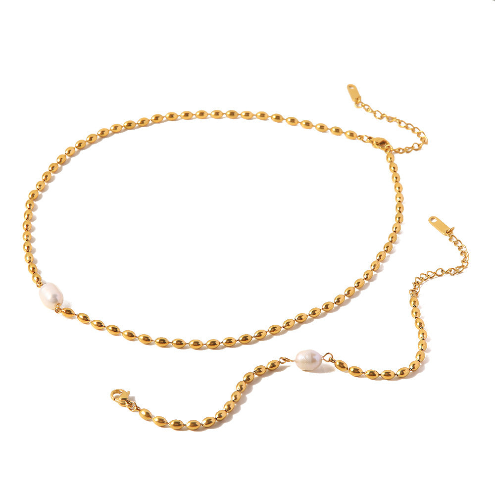 Minimalist Geometric Freshwater Pearl Pendant Titanium Steel Necklace and Bracelet Set for Women