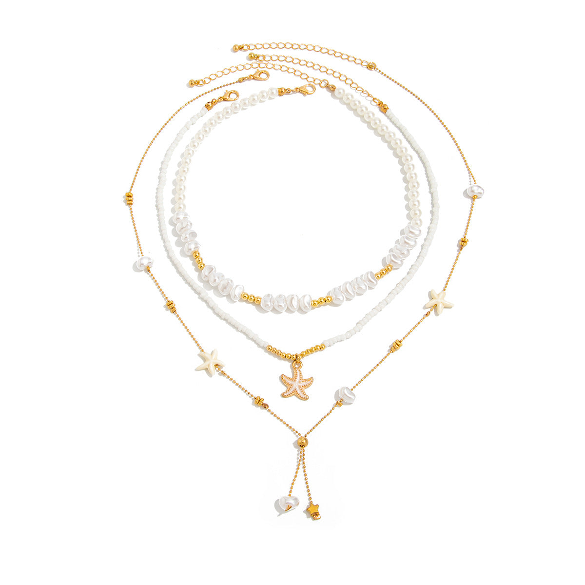 Collana girocollo con ciondolo a stella e a cuore in lega, perle imitate e nappe, stile vacanza