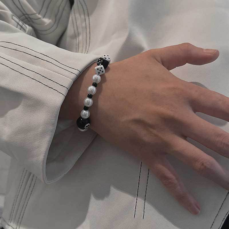 Geometric Dice Black 8 Acrylic Faux Pearl Stretch Bracelet for Women Fashion Casual Jewelry