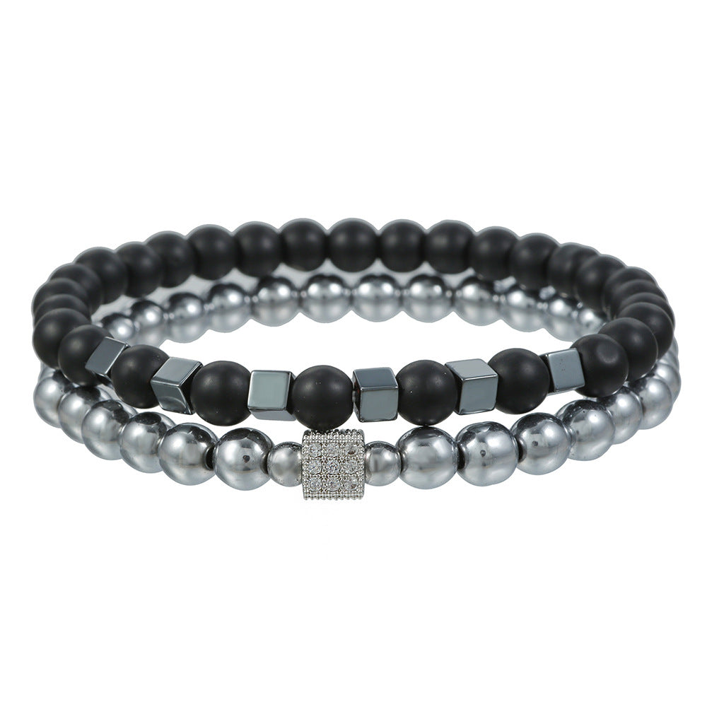 Ethnic 8mm Matte Hematite and Brass Square Bracelet with Cubic Zirconia Inlay for Unisex