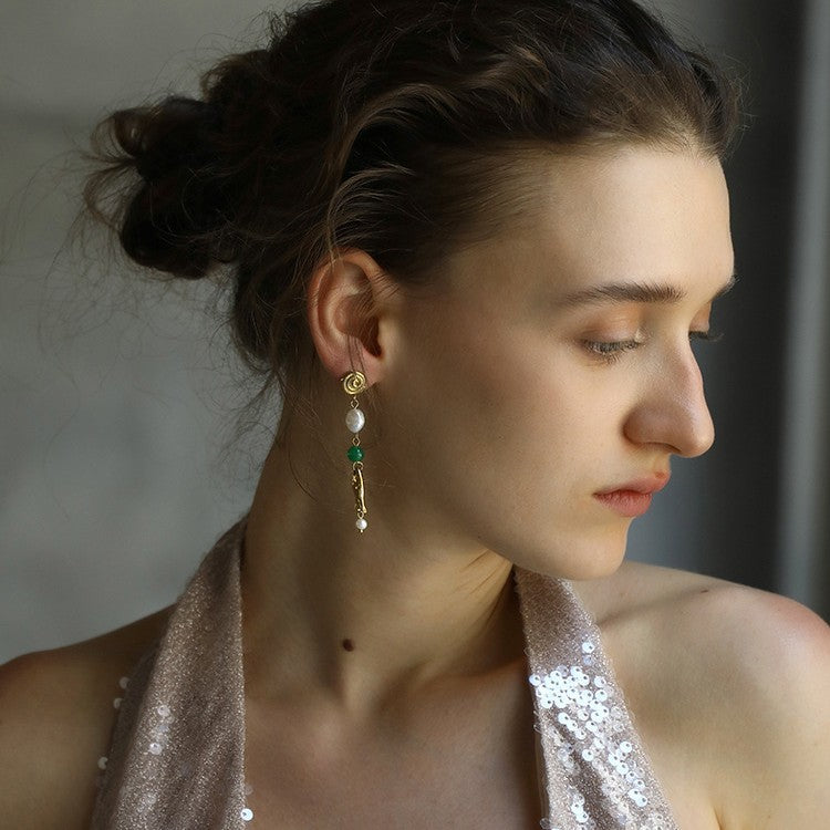 Vintage Style Gold-Fish Shaped Geometric Stainless Steel Earrings with 18K Gold Plating and Pearl Accents