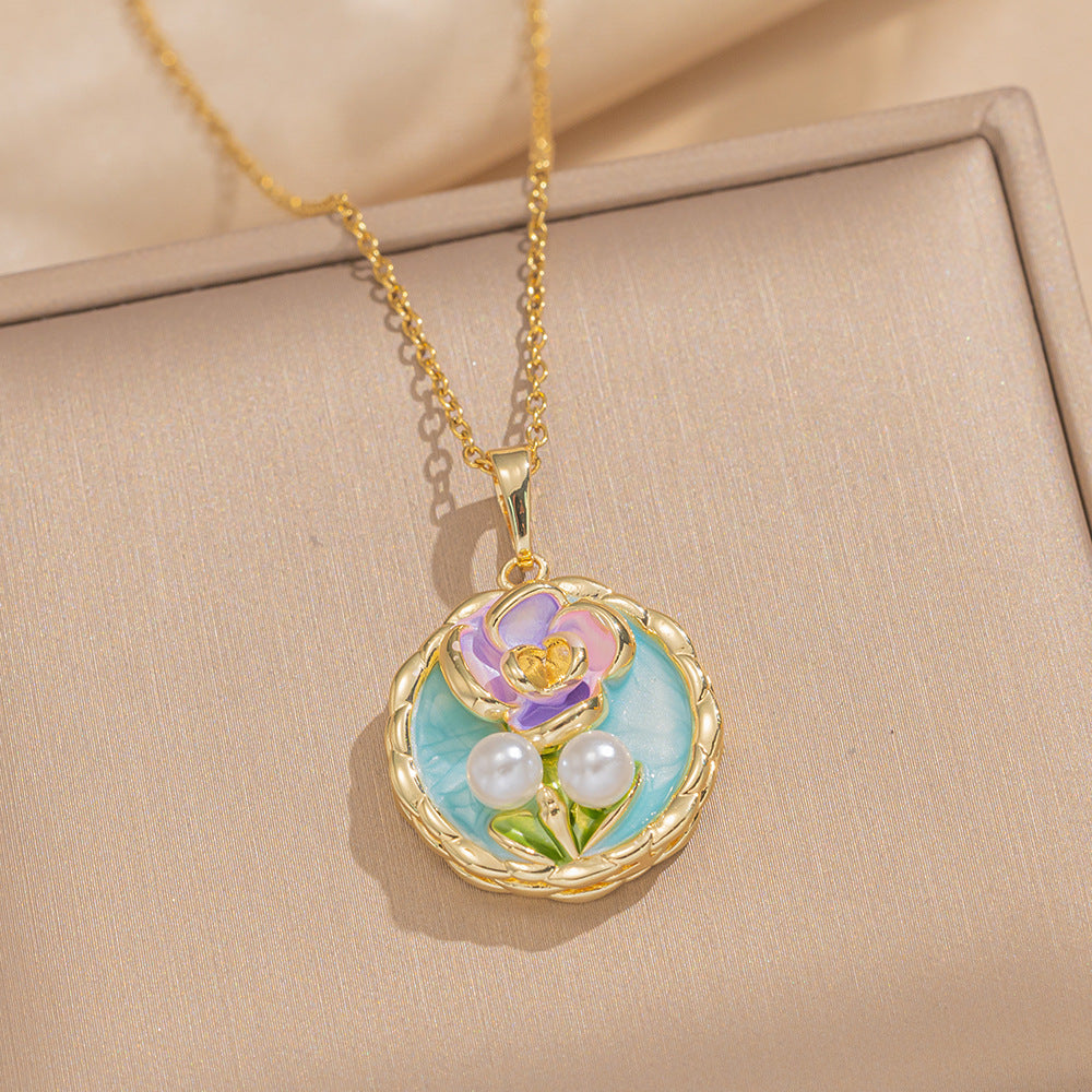 Baroque Style Leaf-Shaped Titanium Steel Necklace with Tulip Floral Motif, Vacuum-Plated for Hypoallergenic Wear, O-Chain Design