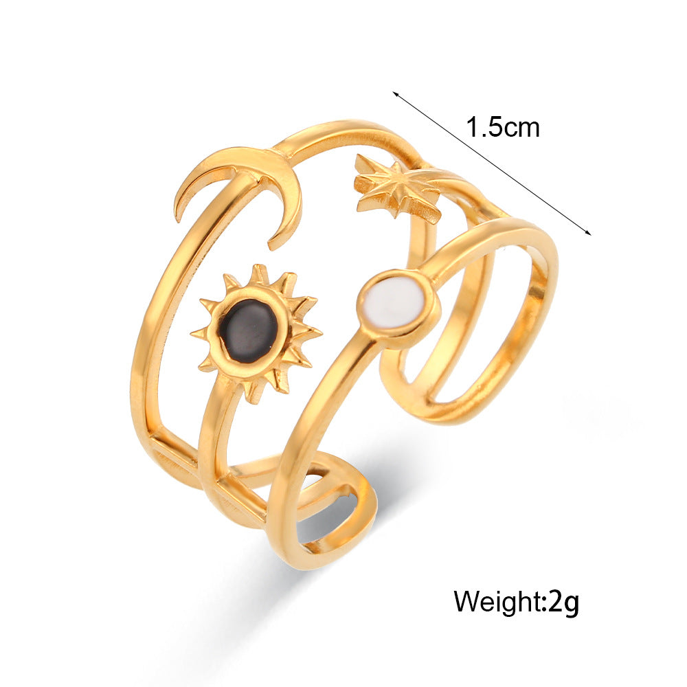 Fashionable Geometric Stainless Steel Ring with Enamel Black and White Sun Moon Star Design Three-Layer Open Band