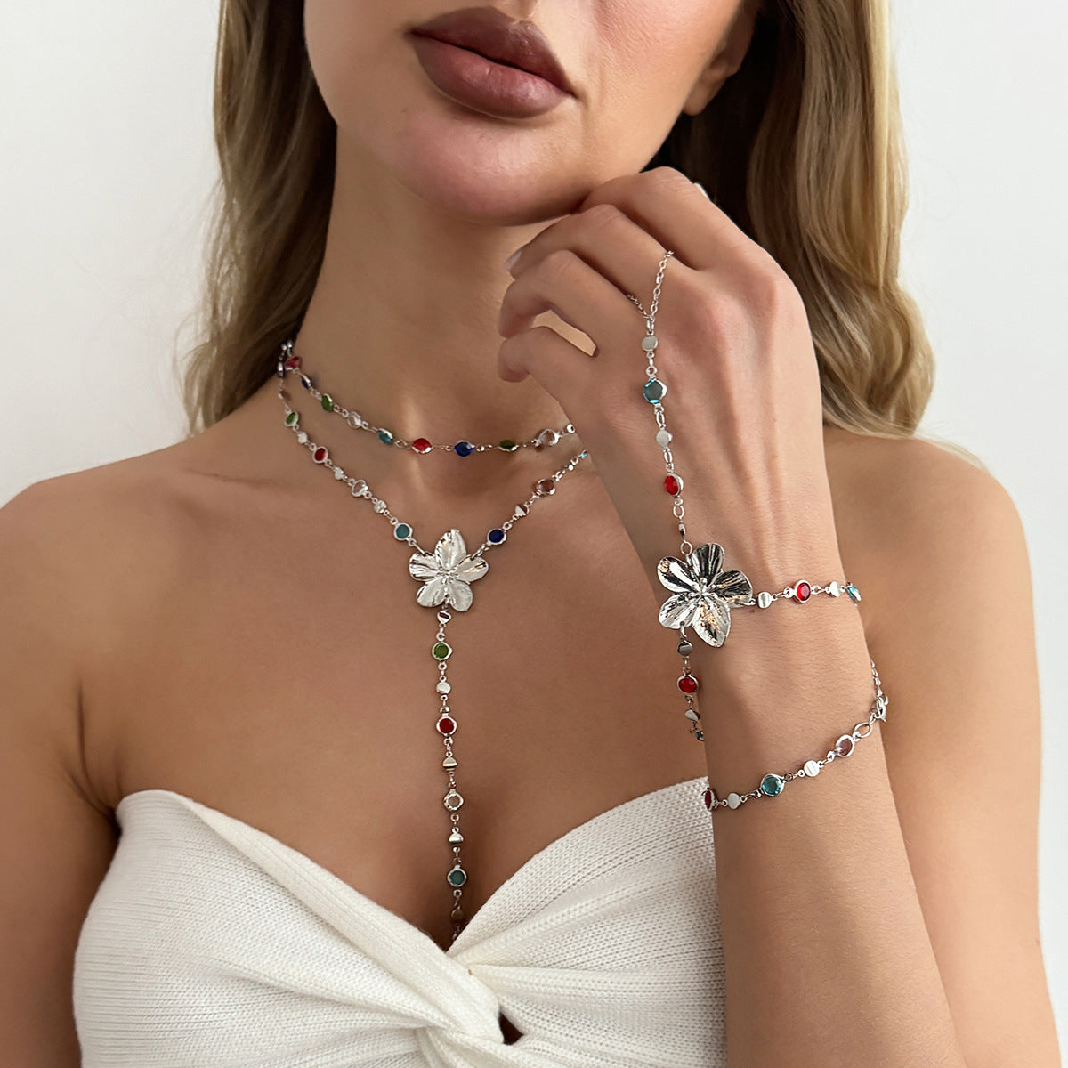 Sweet Floral Crystal Zinc Alloy Plated Y-Shape Necklace for Women