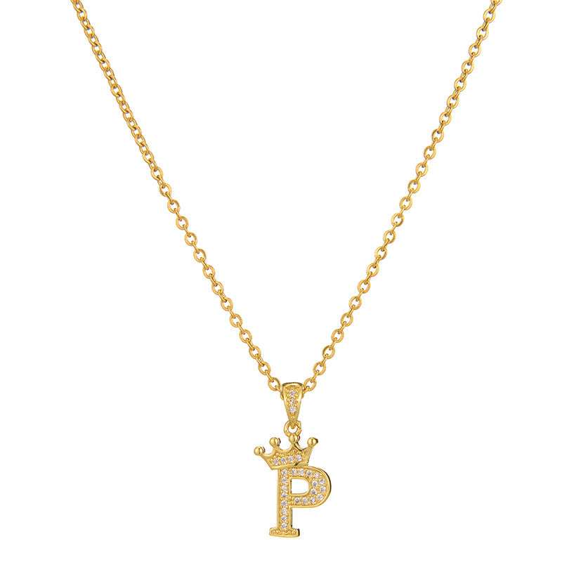 Collana da donna in acciaio inossidabile a forma di corona, minimalista, con zirconi cubici micro-pavé e charm a lettera