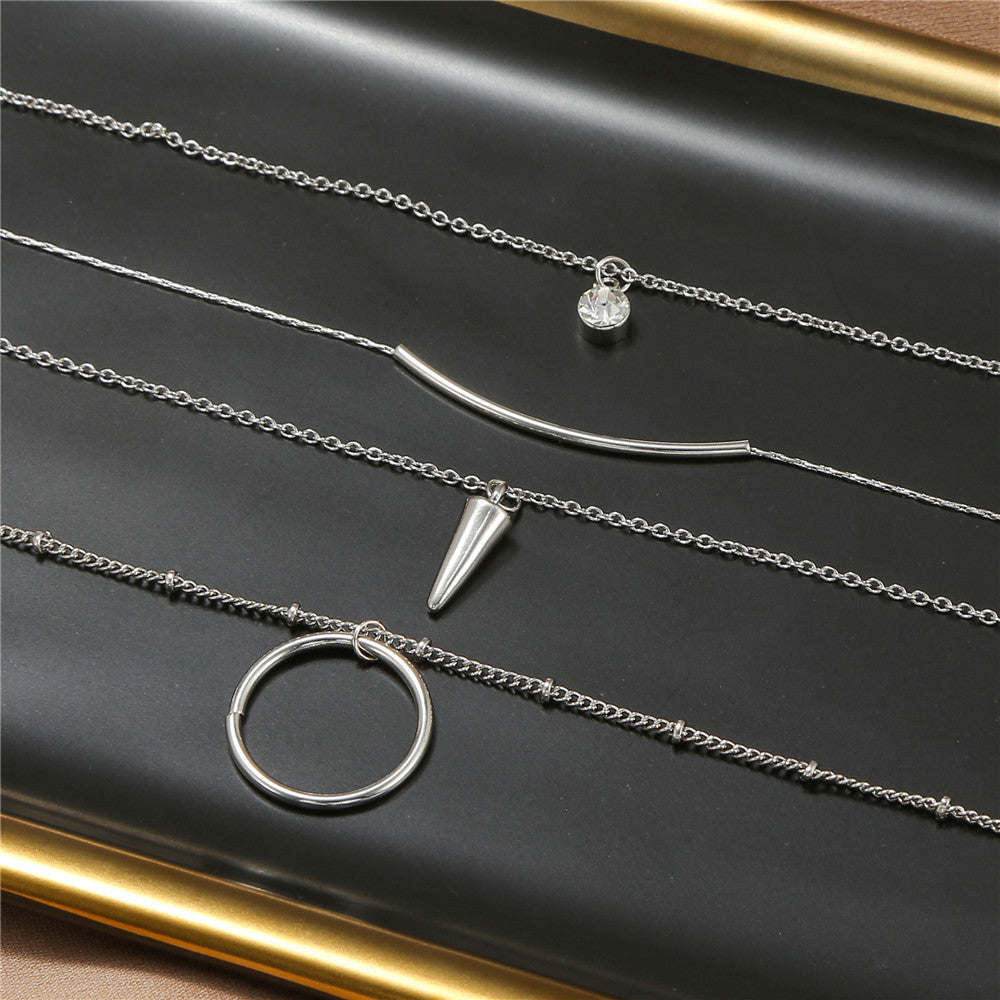 Fashion Geometric Moon Pendant Alloy Plated Necklace with Rivets Multi-layer Cable Chain for Unisex