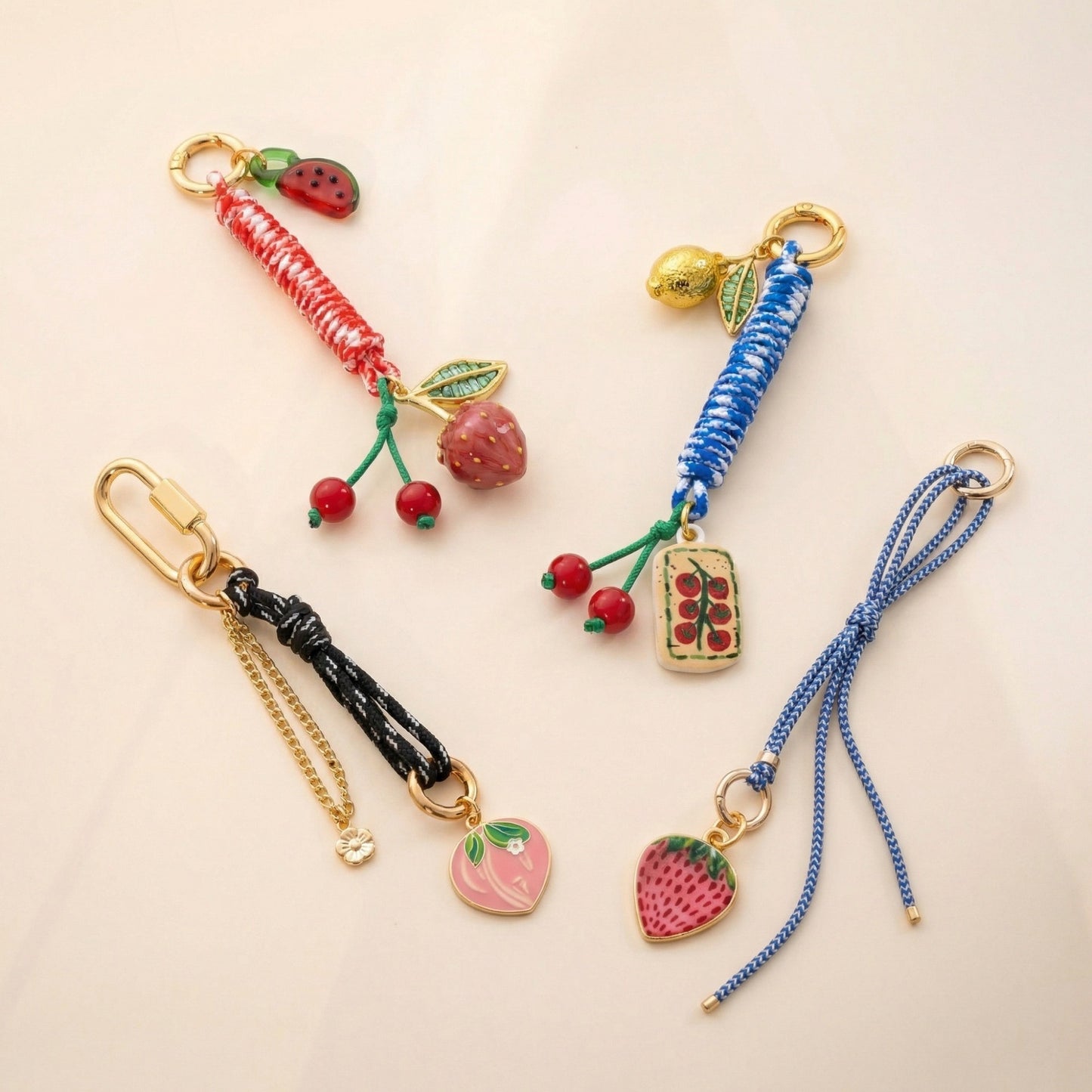 Colorful Rope Heart Cherry Keychain Bag Charm Brass Plated Accessory