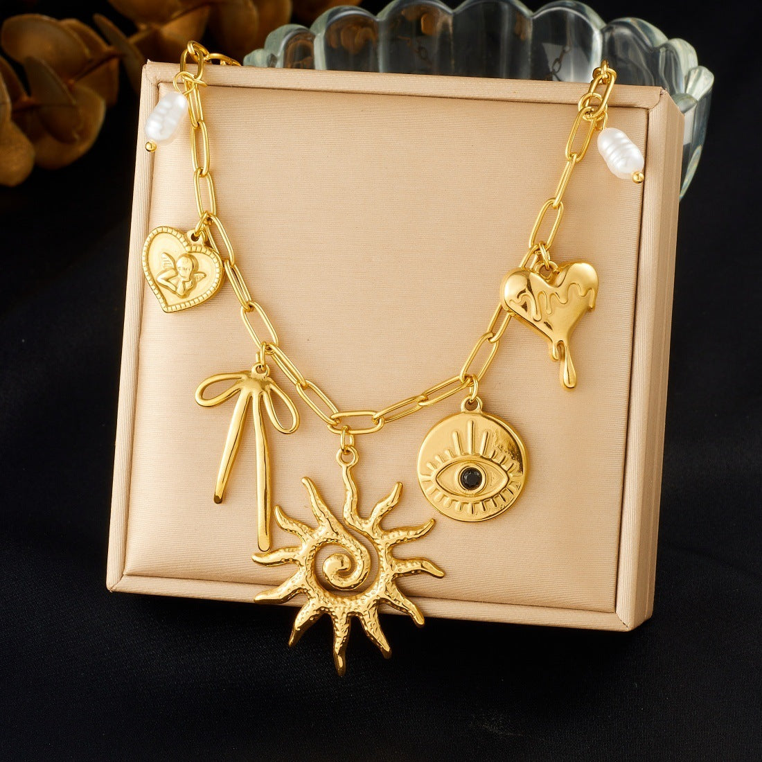Vintage Gold Plated Stainless Steel Heart and Bow Pearl Pendant Necklace for Women