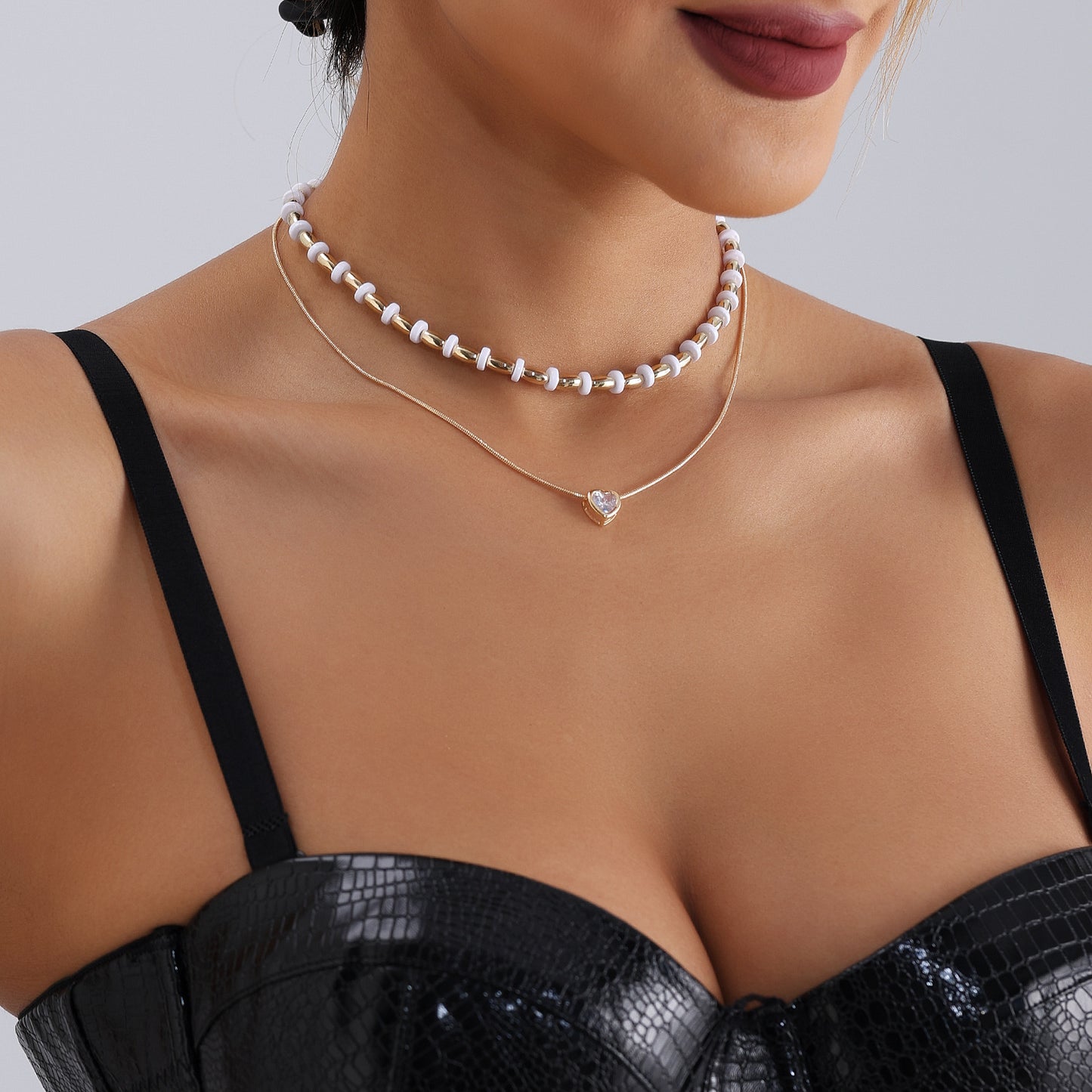 Minimalist Double-Layer Acrylic and Metal Heart Pendant Necklace for Women with Plated Finish and Clavicle Chain