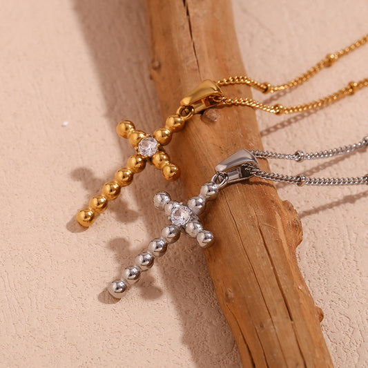 Vintage Minimalist Geometric Stainless Steel Plated 18K Gold Cross Pendant Necklace with Zircon Bead for Women