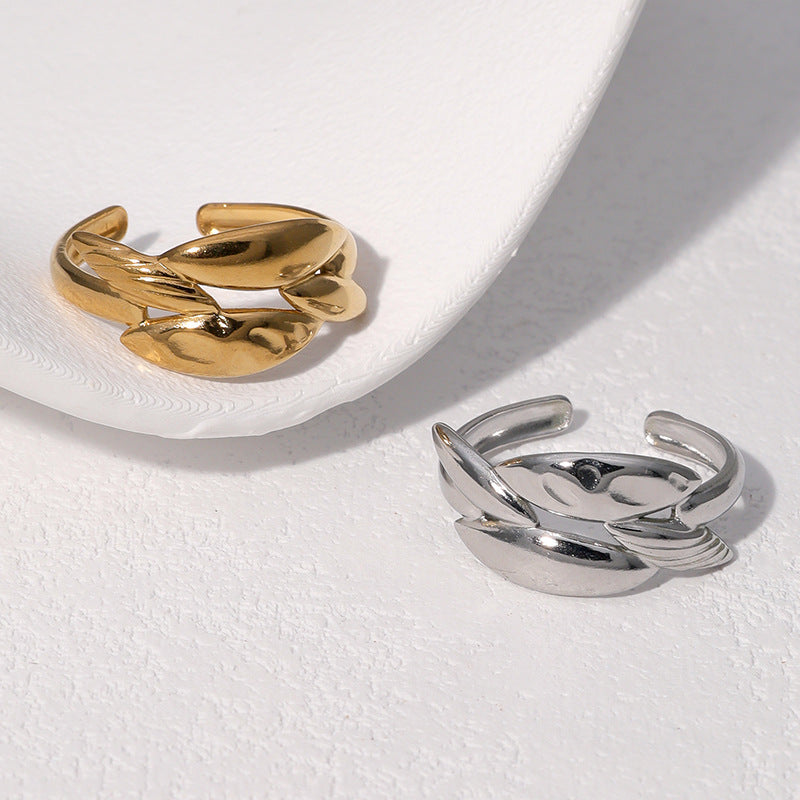 Minimalist 18K Gold Plated Stainless Steel Adjustable Open Ring Geometric Leaf Design for Women