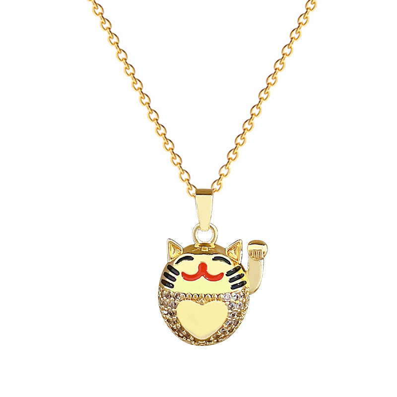 Sweet Elegant Geometric Drip Oil Rhinestone Lucky Cat Necklace Titanium Steel Cable Chain Unisex