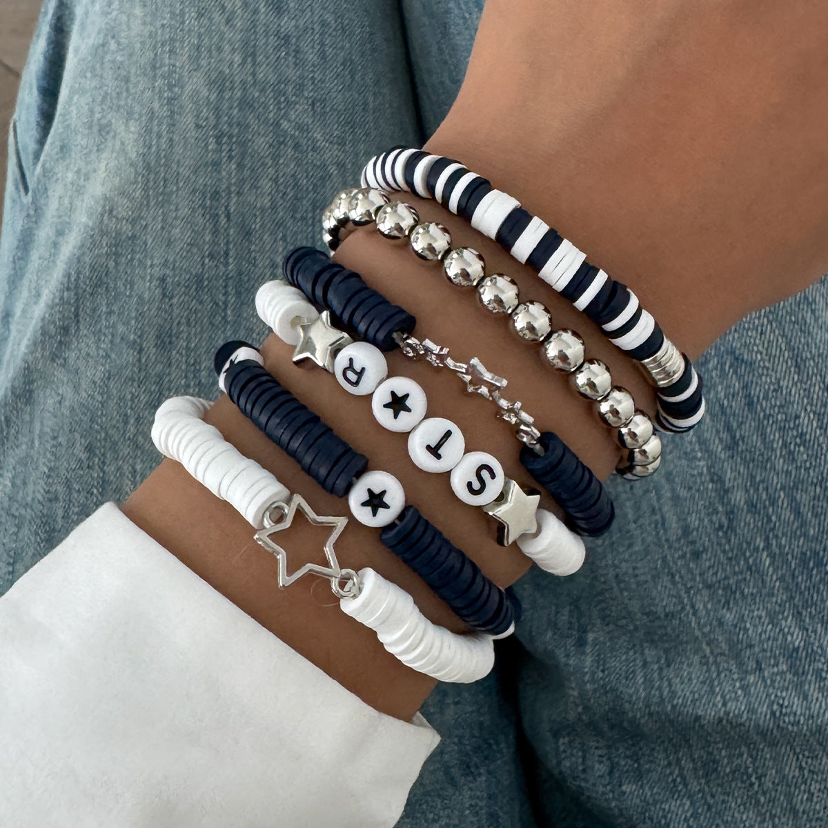 Color Block Letter Star Resin Stretch Bracelet for Women