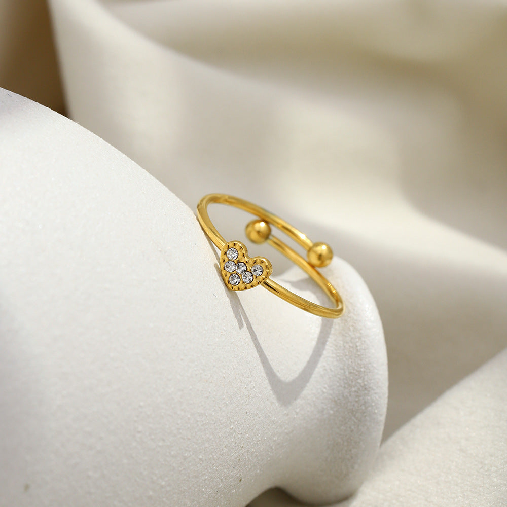 Minimalist 18K Gold Plated Stainless Steel Heart Rhinestone Open Ring for Women