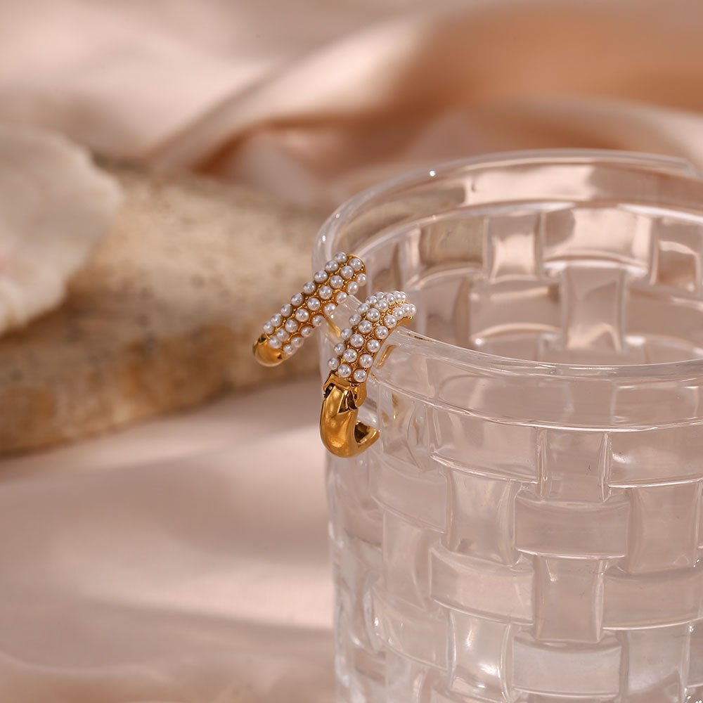 Pendientes de aro redondos geométricos con perlas, de lujo minimalista, de acero inoxidable chapado en oro de 18 quilates para mujer