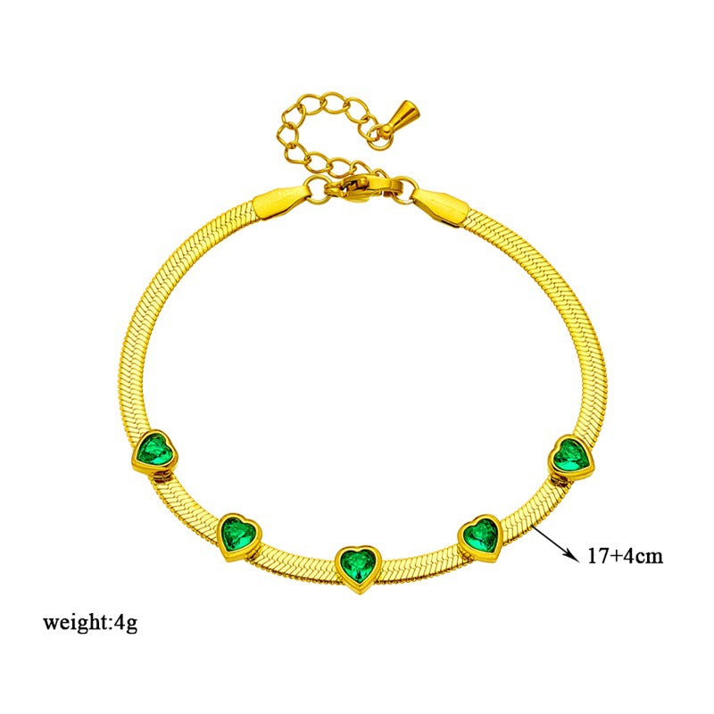 Bracciale Minimalista a Catena Serpentina in Acciaio al Titanio a Forma di Cuore con Intarsio di Strass da Donna