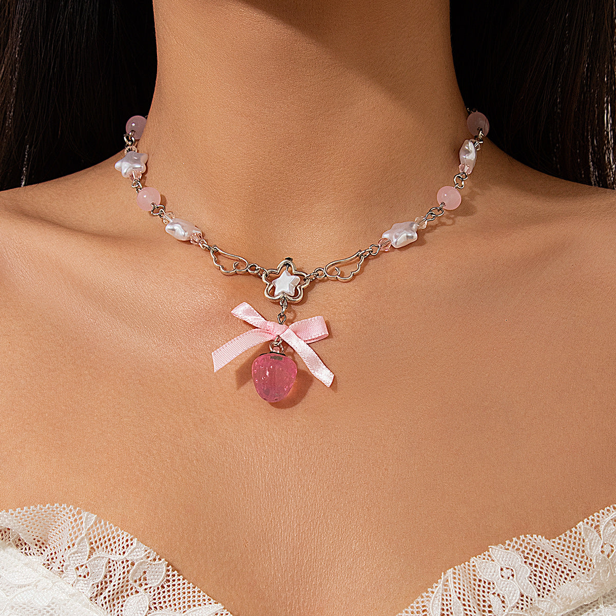 Sweet Acrylic Strawberry and Imitation Pearl Pendant Necklace Alloy Plated Choker for Women