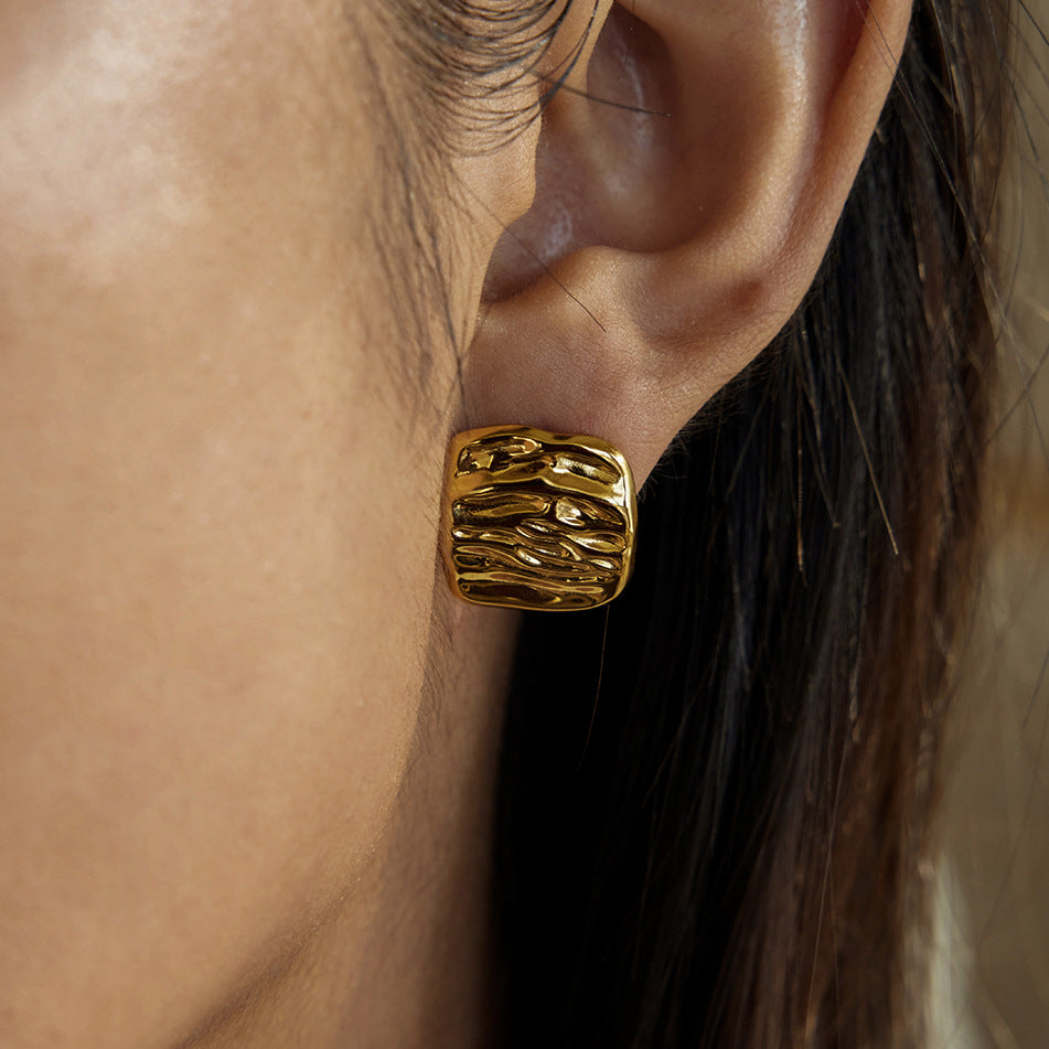 Pendientes de acero inoxidable de tuerca, minimalistas, cuadrados y geométricos, con textura martillada y acabado chapado para mujer
