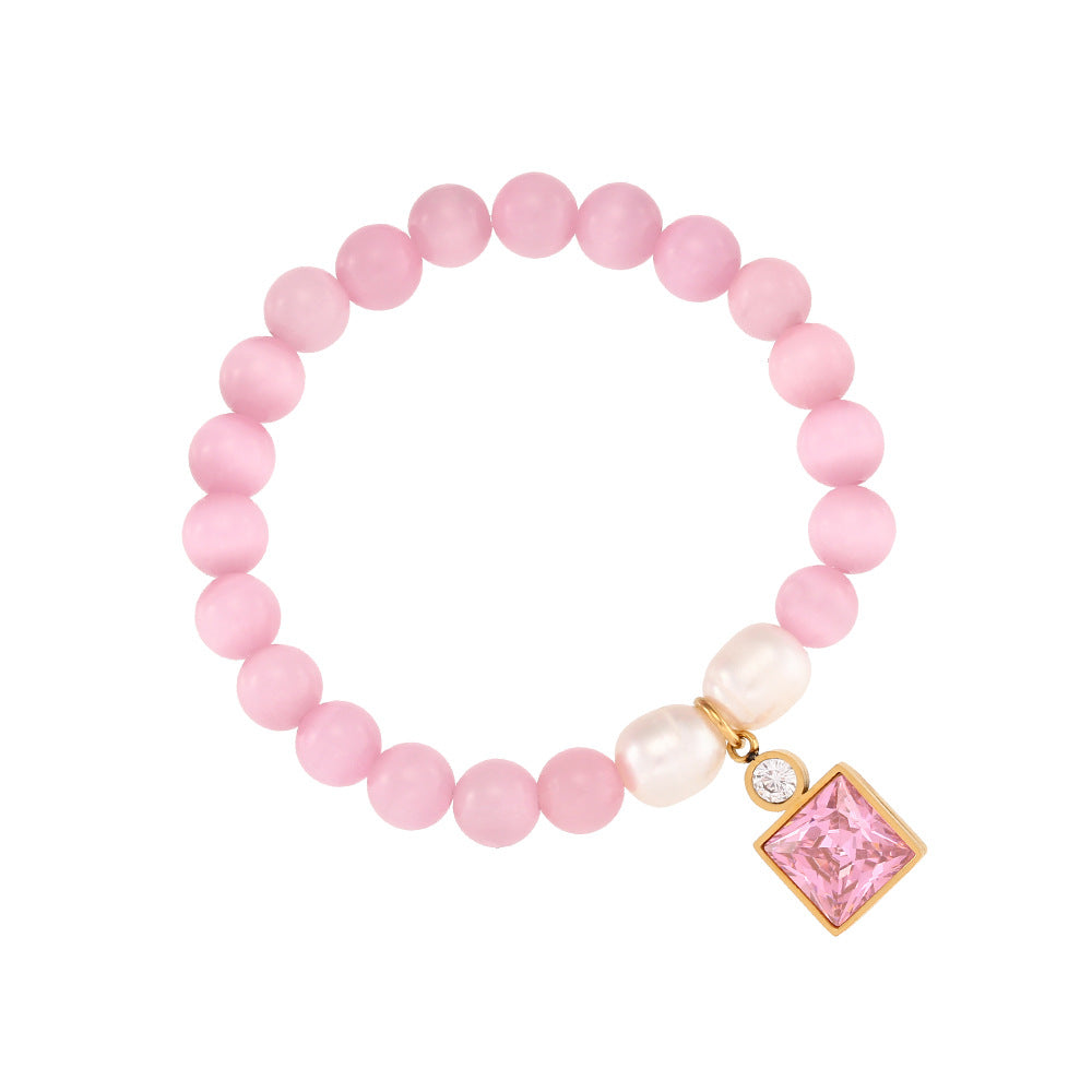 Pulsera de Cuentas de Piedra Natural Ónix Negro Geométrica Minimalista con Acentos de Zirconia y Baño de Rodio para Mujer