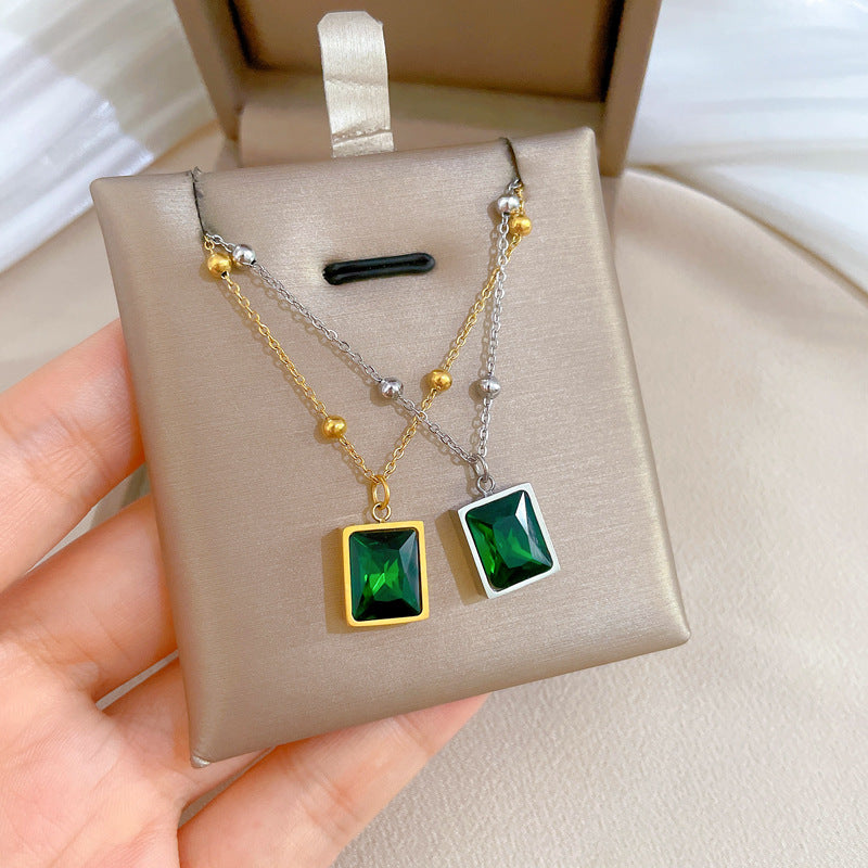 Minimalist Geometric Green Gemstone Titanium Steel Collar Chain with Gold Plating