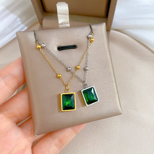 Minimalist Geometric Green Gemstone Titanium Steel Collar Chain with Gold Plating