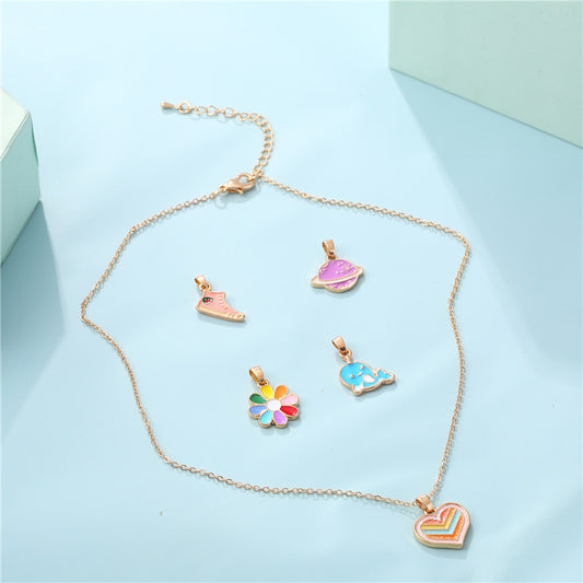 Cartoon-Style Dolphin and Planet Pendant Necklace for Kids in Alloy with Enamel Finish on Cross Chain