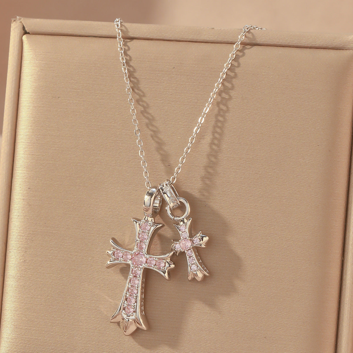 Luxury Sweet Double Cross Pendant Plated Titanium Steel Necklace with Curb Chain for Women