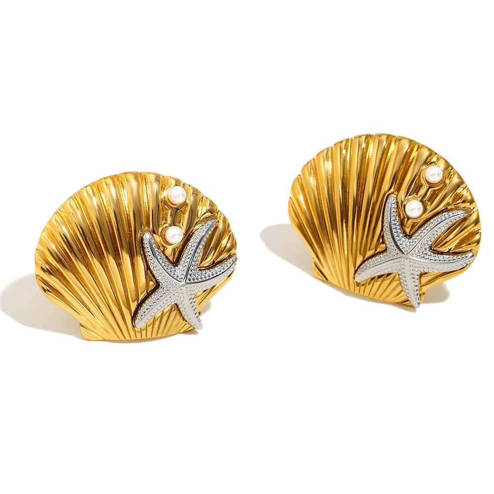 Minimalist Starfish and Scallop Shell Earrings in Stainless Steel with 18K Gold Plating for Women