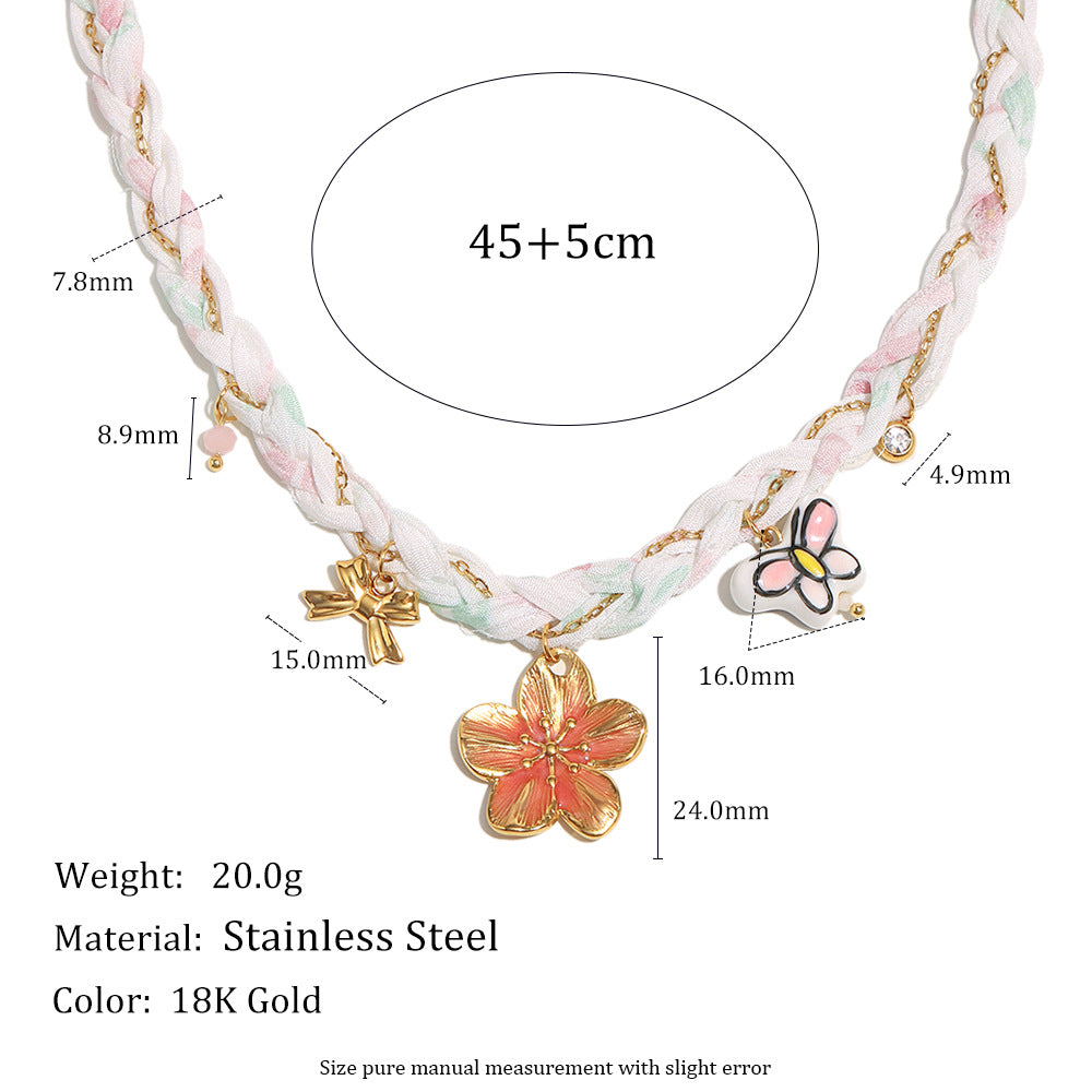 Collar con colgante de mariposa de moda para mujer con cadena de acero inoxidable chapada en oro de 18 quilates con detalles florales de esmalte y conchas marinas