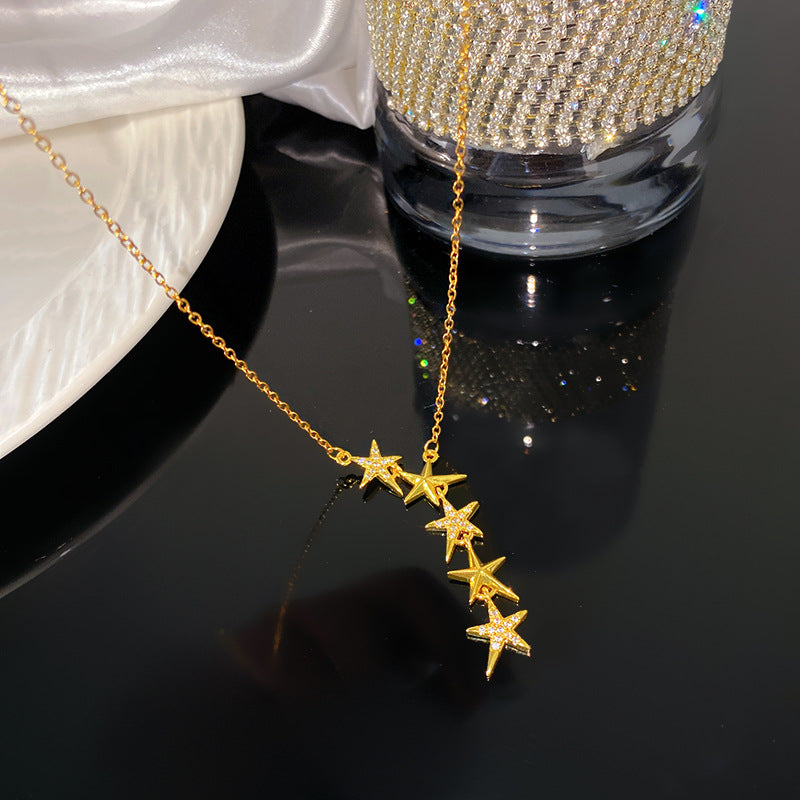 Micro-Paved Cubic Zirconia Star Floral Tassel Titanium Steel Necklace for Women