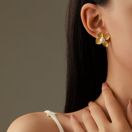 Minimalist Floral-Shaped Titanium Steel Earrings with Pearl Inlay and Plated Finish for Women