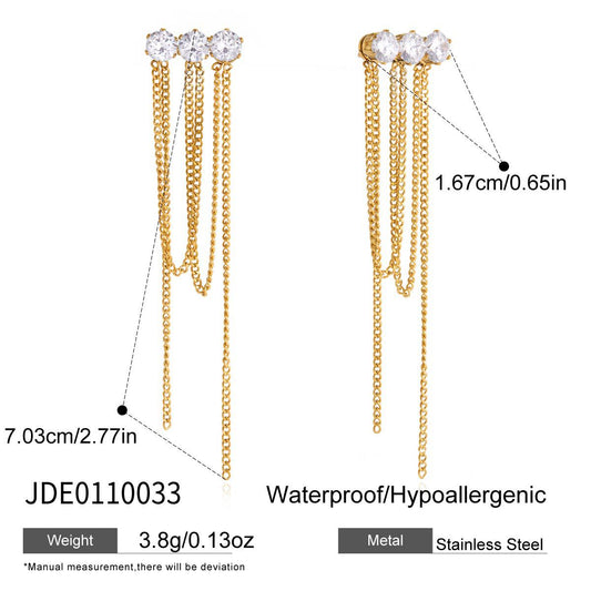 Aretes elegantes de acero inoxidable chapado con diseño geométrico, circonitas cúbicas y borla para mujer