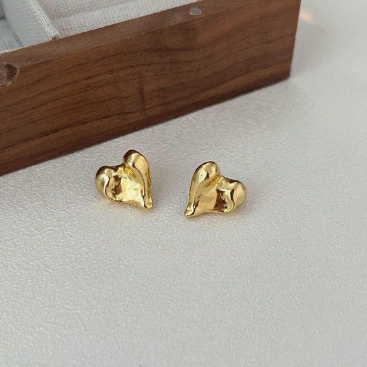 Minimalist Irregular Heart-Shaped 925 Sterling Silver Stud Earrings with Gold Plating, Sweet and Fresh Style
