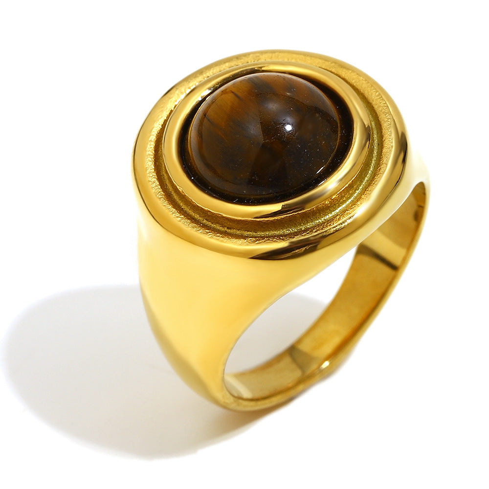 Minimalist Oval Tiger Eye Cross Necklace in Stainless Steel with 18K Gold Plating for Women