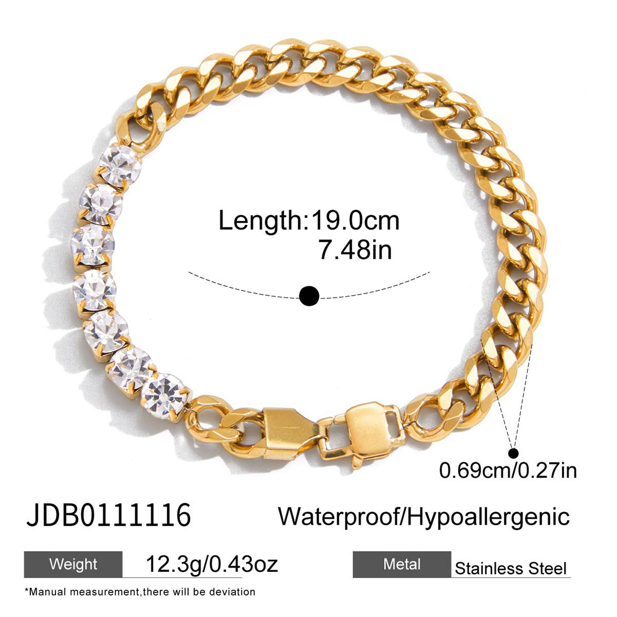 Set collana e bracciale in acciaio al titanio placcato oro 18 carati con strass rotondi geometrici alla moda da donna