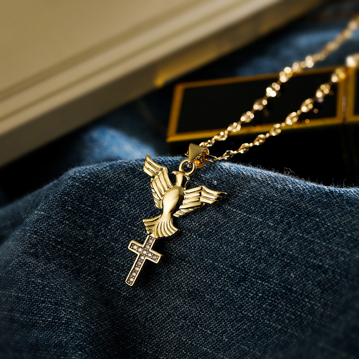 Minimalist Geometric Angel Cross Pendant Necklace for Women with Copper Base and Real Gold Plating Rhinestone Inlay