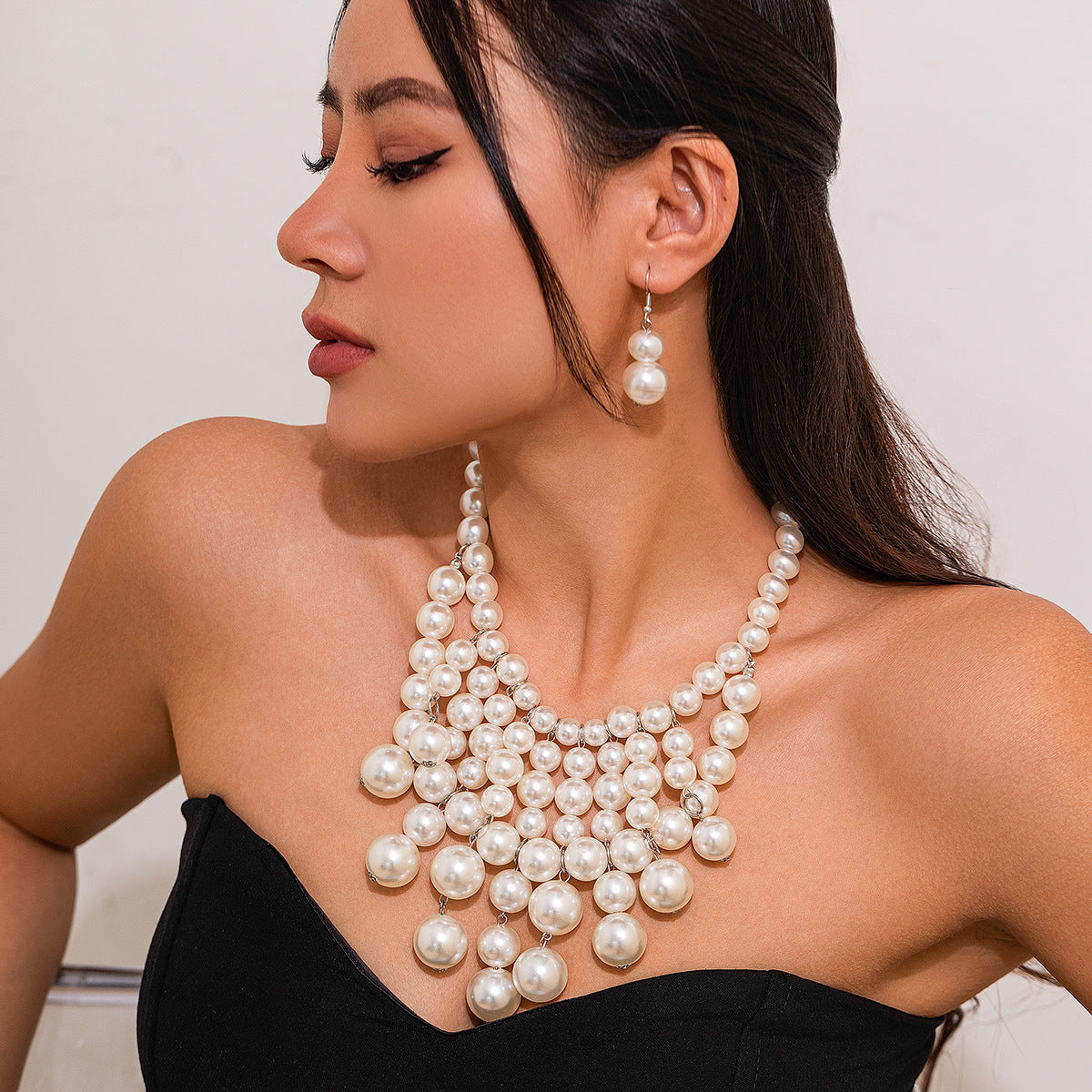 Exaggerated Geometric Faux Pearl Tassel Multi-Layer Ball Chain Necklace Set for Women