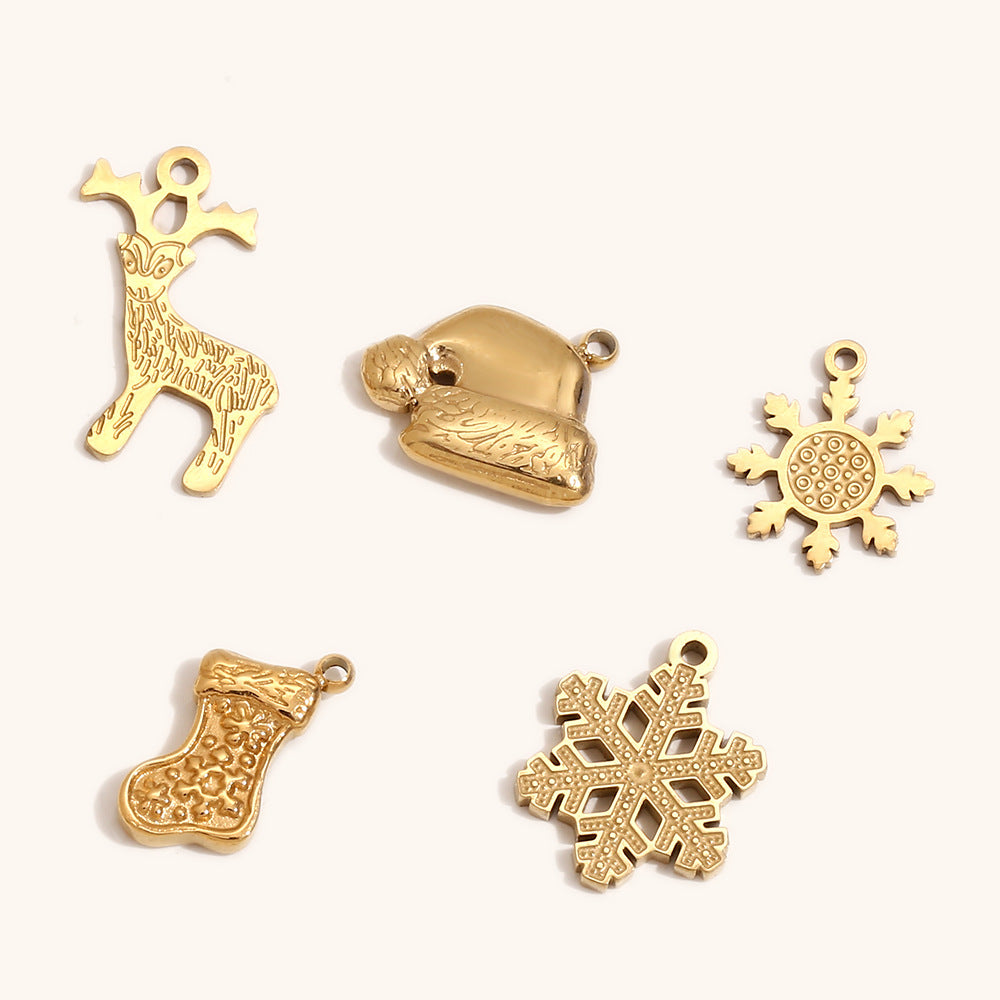 Ciondolo a tema natalizio con alce e fiocco di neve in acciaio inossidabile con placcatura in oro 14K da donna, accessorio festivo per le vacanze