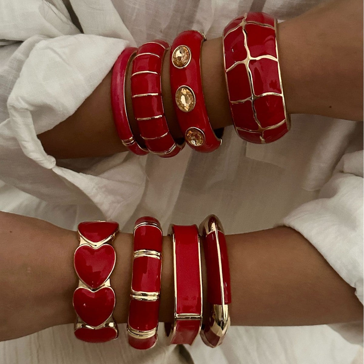 Bracciale elastico aperto a cuore geometrico bohémien vintage rosso smaltato