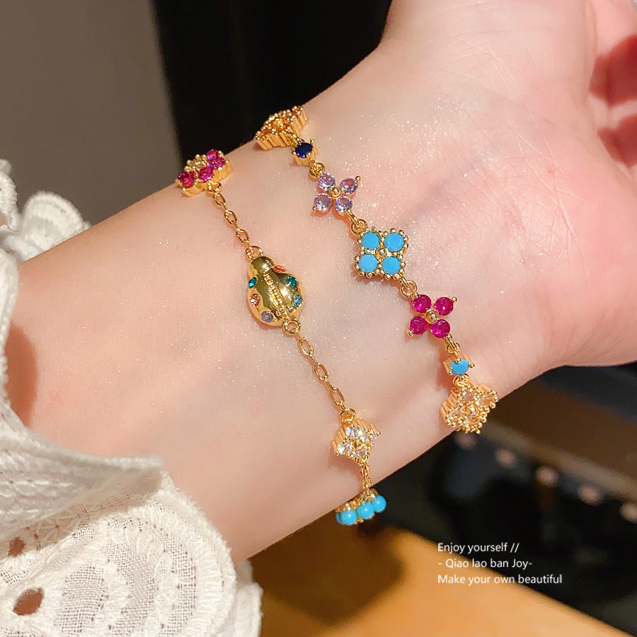 Sweet Minimalist 18K Gold Plated Brass Floral Cubic Zirconia Bracelet for Women
