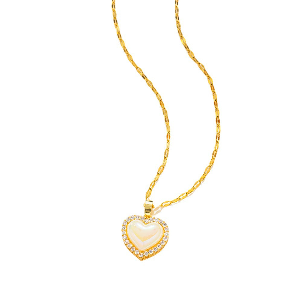 Dulce y Fresco Collar de Corazón Perla de Acero Titanio Inspirado en Sirena para Mujer con Baño de Oro y Cadena Ondulada