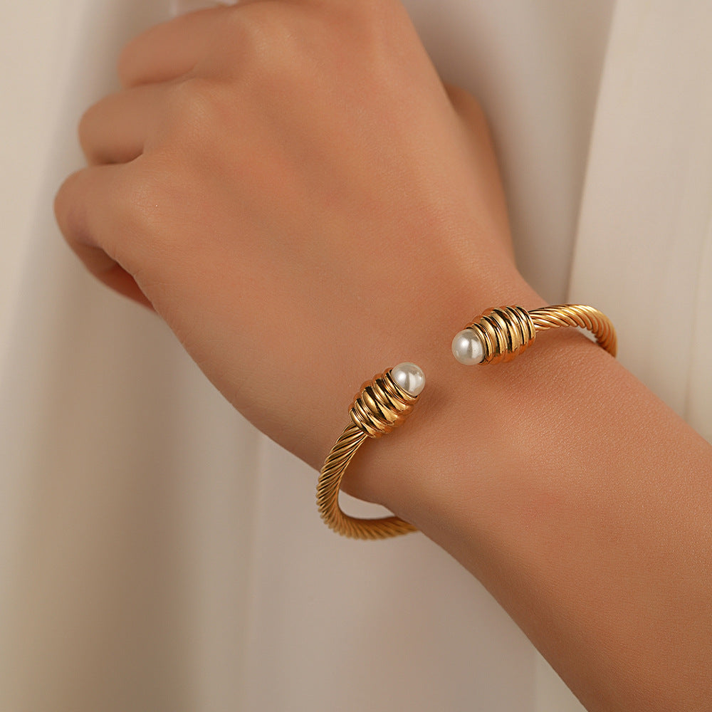 Fashion Two-Tone Geometric Round Twisted Rope Cuff Bracelet Titanium Steel Adjustable Open Bangle for Women and Men