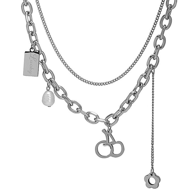 Collana con Ciondolo a Fiore di Ciliegio Minimalista da Donna e Uomo con Catena a Serpente a Doppio Strato in Acciaio al Titanio e Finitura Lucida