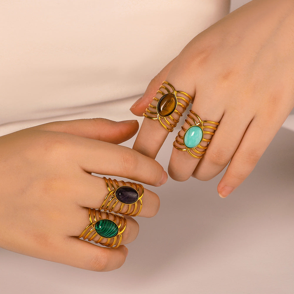 Anello Geometrico in Acciaio Inossidabile Stile INS con Intarsio Turchese, Regolabile, in Acciaio al Titanio, Gioielli da Donna